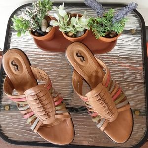 Tan and multicolored leather mules